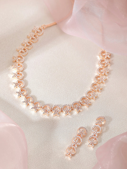Rubans Contemporary Rose Gold Toned Necklace Set in CZ Stone Rose Gold