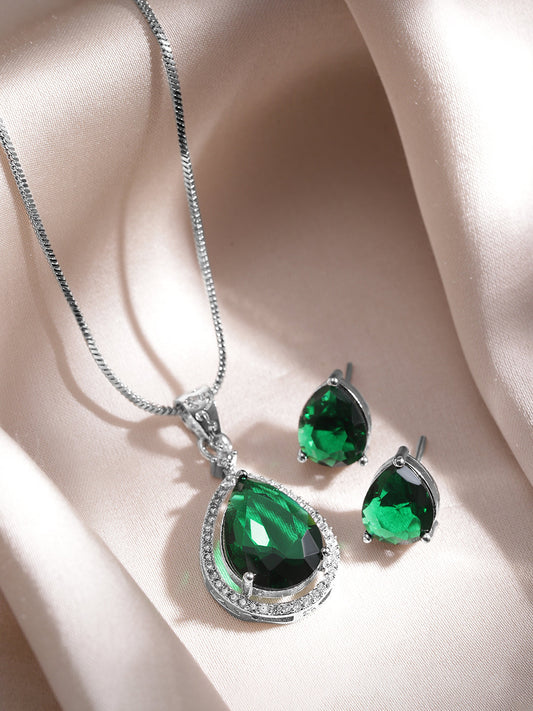 American Diamond Zirconia Green Pendant Necklace Set フリーサイズ