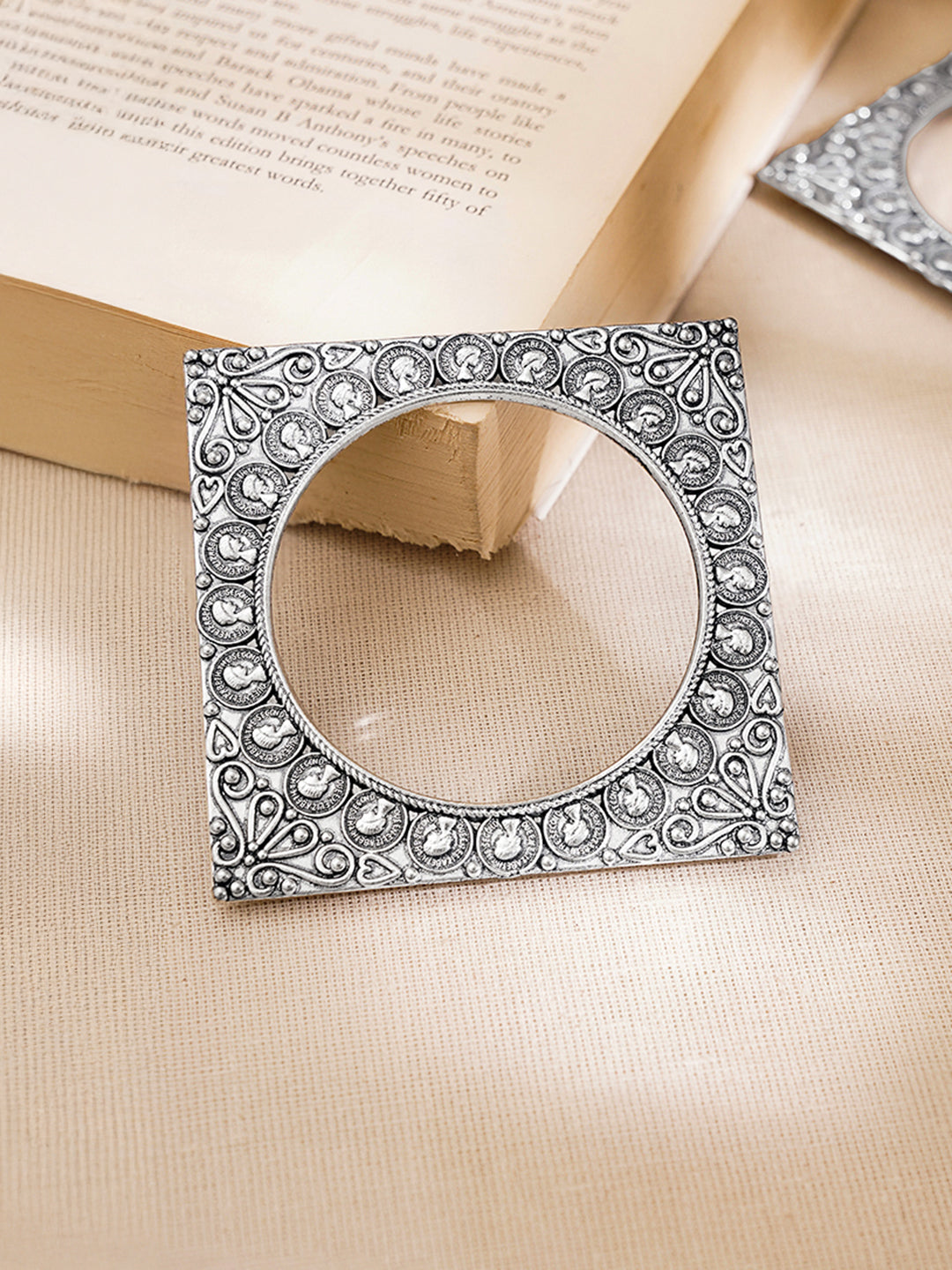 Oxidised Engraved Square Carved Statement Bangles 2.10 - Extra Large