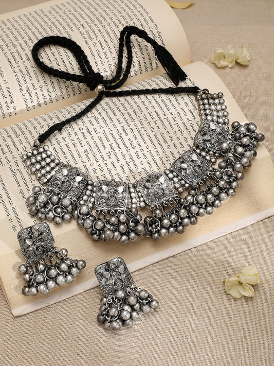 Oxidized Silver Bead Work Necklace Set Silver