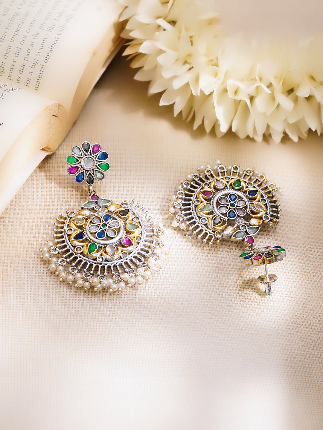 【Rubans】 Oxidised Multicolor Kundan Pearl Floral Chandbali Earrings|オキシダイズド マルチカラー クンダン パール フローラル チャンドバリ イヤリング