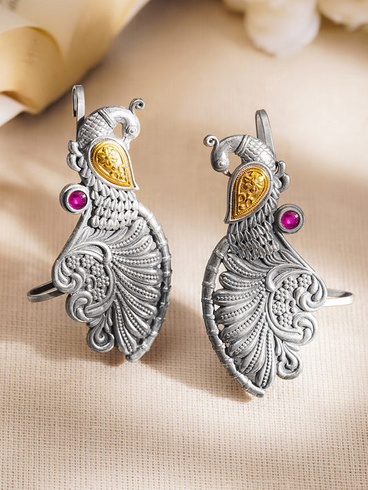 Oxidised Silver Tone Brass Peacock Ear Cuff Earrings with Pink Accent フリーサイズ