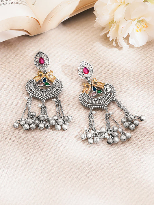 Rubans Oxidised Silver Tone Brass Multicolour Ghungroo Tassels Dangler Earrings Length - 4 cm