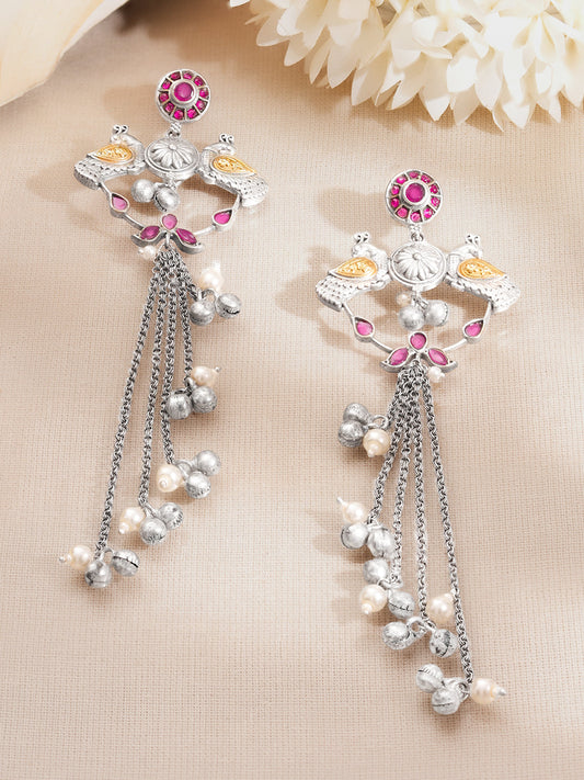 【Rubans】 Oxidised Peacock Motif Long Chain Tassel Dangler Earrings|オキシダイズド ピーコックモチーフ ロングチェーン タッセル イヤリング