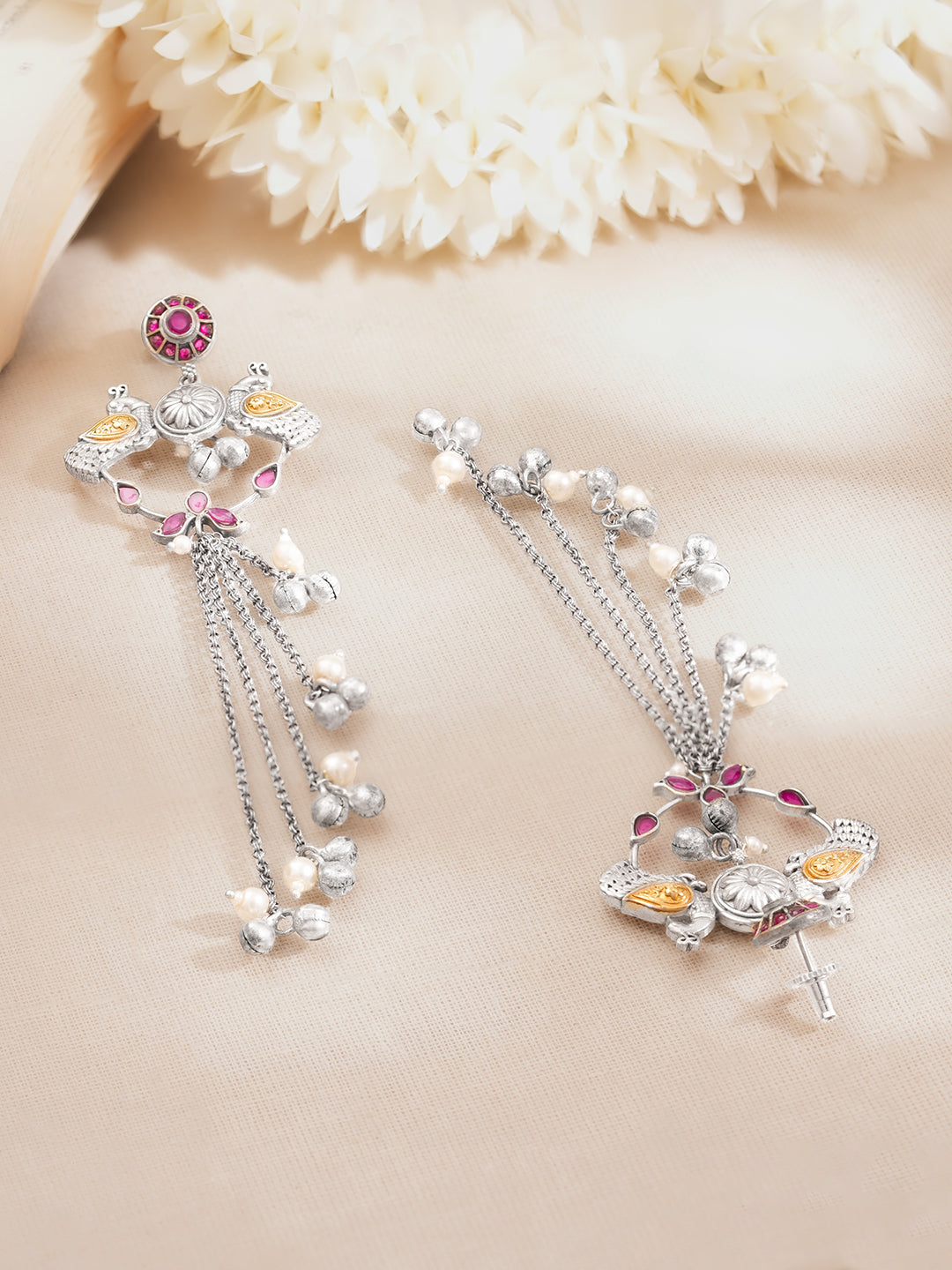 【Rubans】 Oxidised Peacock Motif Long Chain Tassel Dangler Earrings|オキシダイズド ピーコックモチーフ ロングチェーン タッセル イヤリング