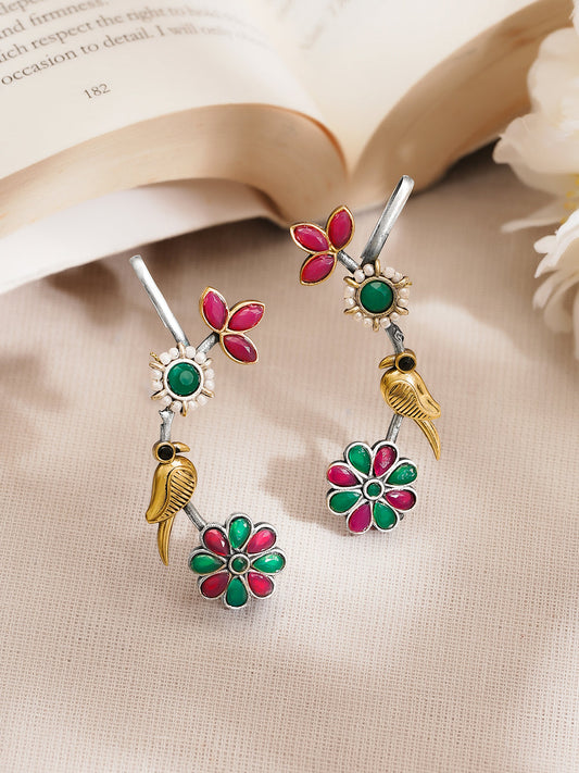 Women Oxidised Silver Tone Brass Multicolour Glass Kundan Pearl Ear Cuffs フリーサイズ