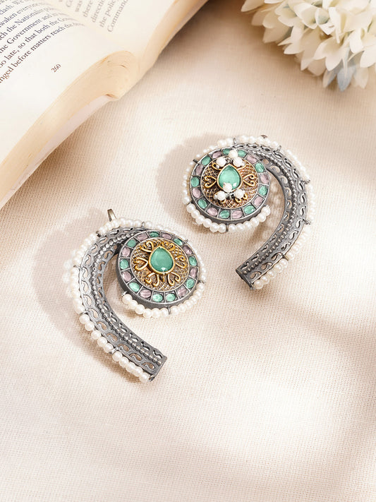 【Rubans】 Oxidised Multicolor Studded Ear Cuff With Pearl Detailing|オキシダイズド マルチカラーストーン パール イヤカフ