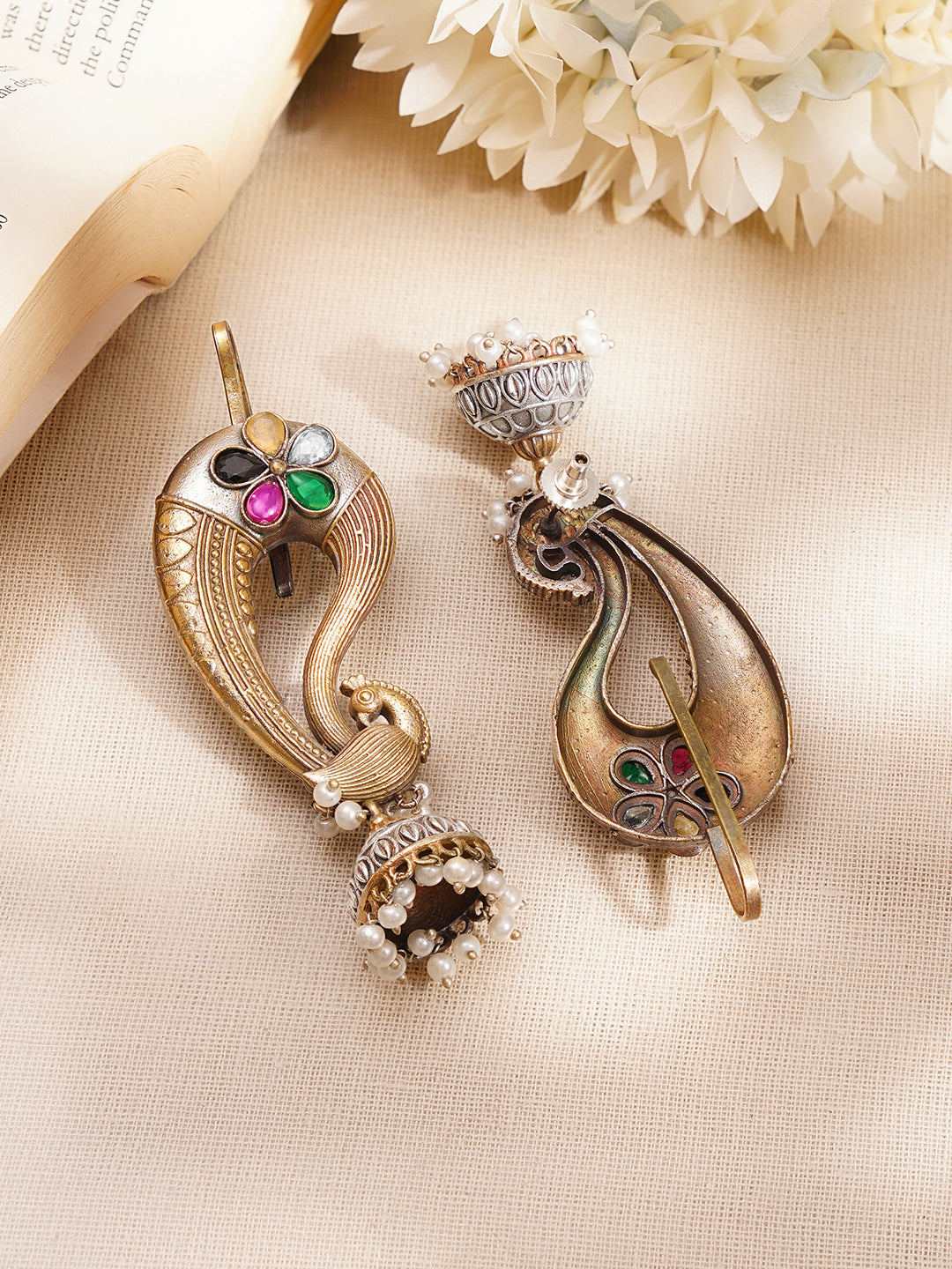 【Rubans】 Oxidised Peacock Motif Pearl Drop Ear Cuff Jhumkas|オキシダイズド 孔雀モチーフ パールドロップ イヤカフ ジュムカ