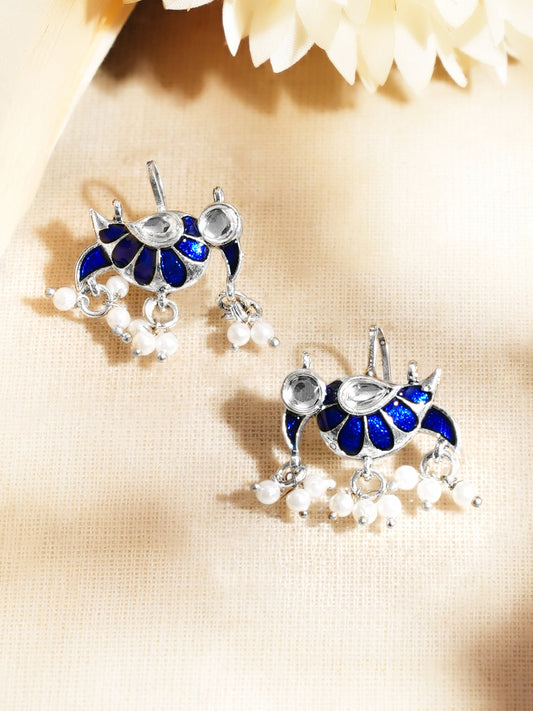 【Rubans】Rhodium Plated Blue Peacock Meenakari Pearl Earrings|ロジウムメッキ ブルーピーコック ミーナカリ パール ピアス