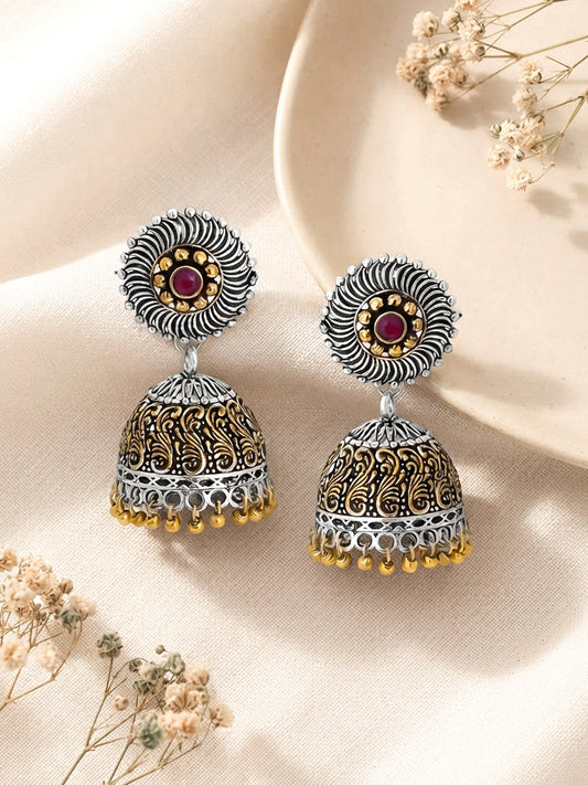 Rubans Silver Plated Handcrafted Oxidised Dual Tone Jhumka Earrings Silver