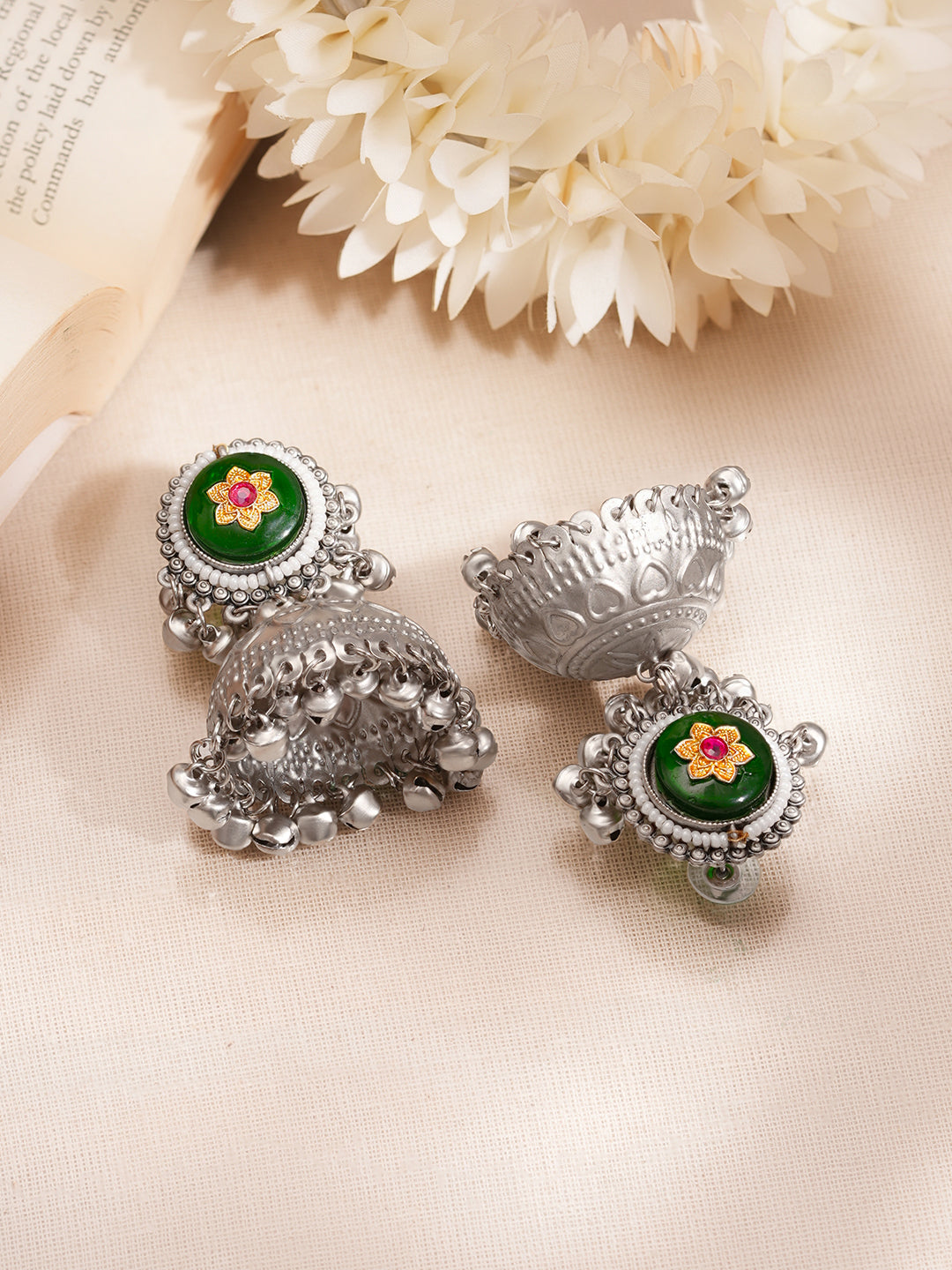 【Rubans】 Oxidised Green Enamel Antique Jhumka Earrings|オキシダイズド グリーンエナメル アンティーク ジュムカイヤリング