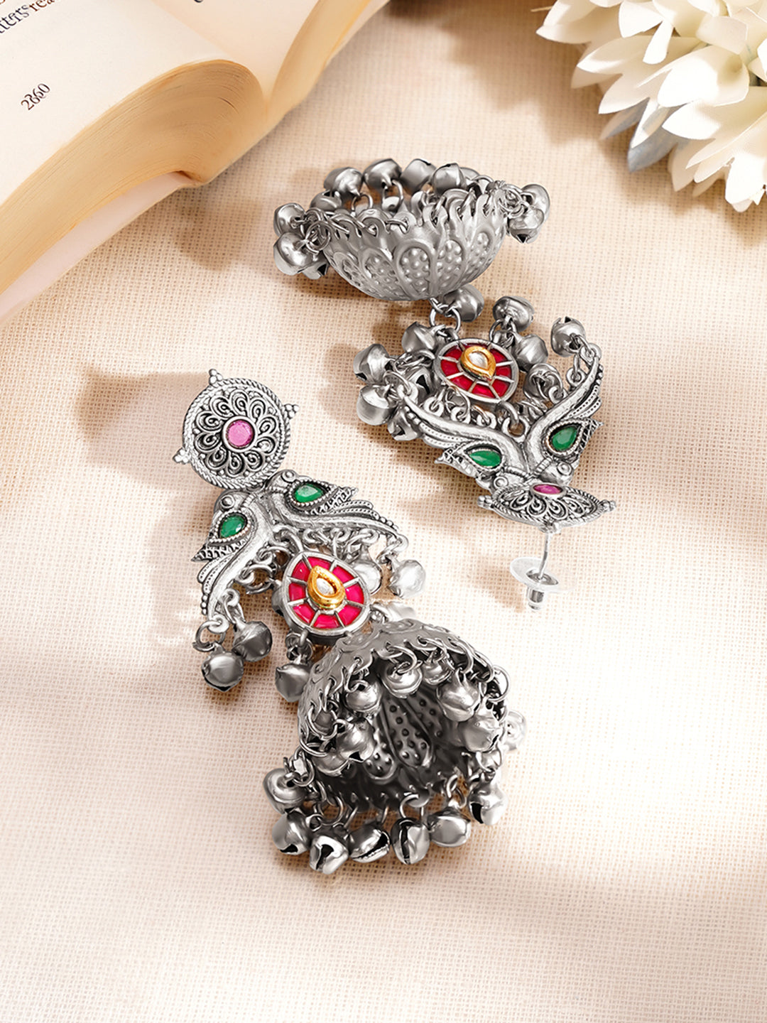 【Rubans】 Oxidised Peacock Motif Ghungroo Drop Dangler Jhumkas|オキシダイズド 孔雀モチーフ グングルー ドロップ ダングラー ジュムカ