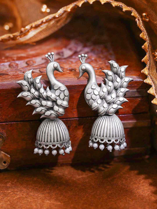 Oxidised Silver Tone Brass Peacock Motif Jhumka Earrings with Pearl Drops フリーサイズ