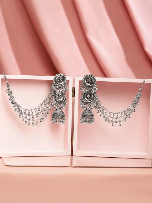 Ethno-Chic Oxidised Jhumka with Kaan Chain フリーサイズ