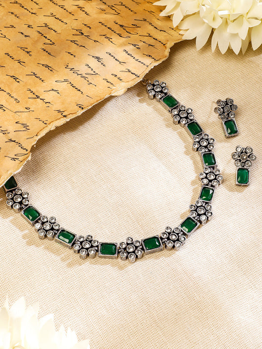 Rubans Oxidised Silver Plated Handcrafted Green Stone Floral Necklace Set Silver