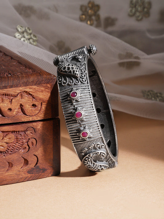 Rubans Oxidised Filigree Silver Plated Ruby Stone Handcrafted Peacock Bracelet Silver