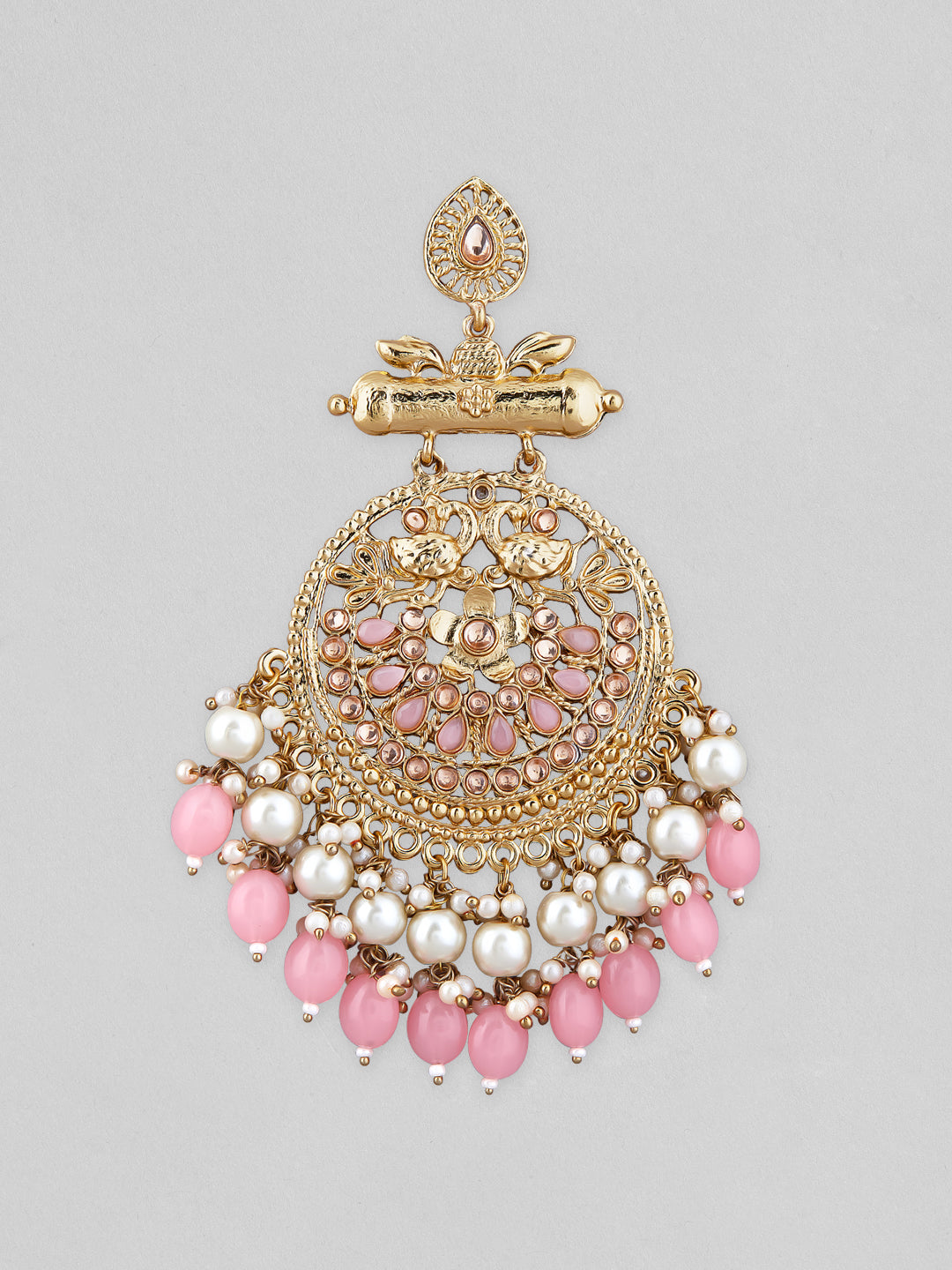 【Rubans】 18K Antique Gold-Plated Big Chandbali Earrings with Pearl & Pink Bead Accents|18K アンティークゴールドメッキ ビッグ チャンドバリ イヤリング パール&ピンクビーズ