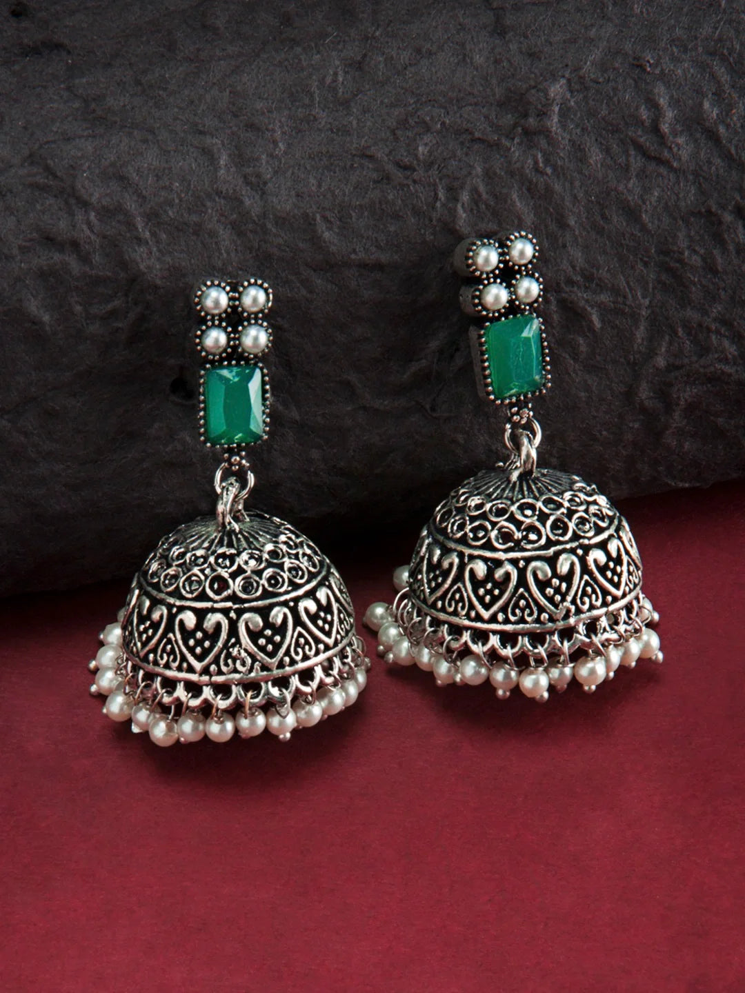 Rubans Oxidised Silver Toned Faux Emerald Studded Jhumka Earrings Silver