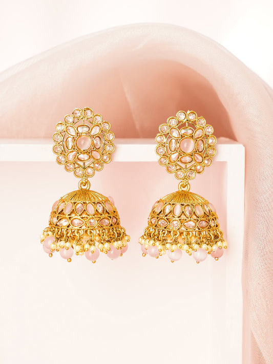 【Rubans】 Antique Gold Plated Pastel Pink Kundan Pearl Jhumka Earrings|アンティークゴールドメッキ パステルピンク クンダン パール ジュムカ
