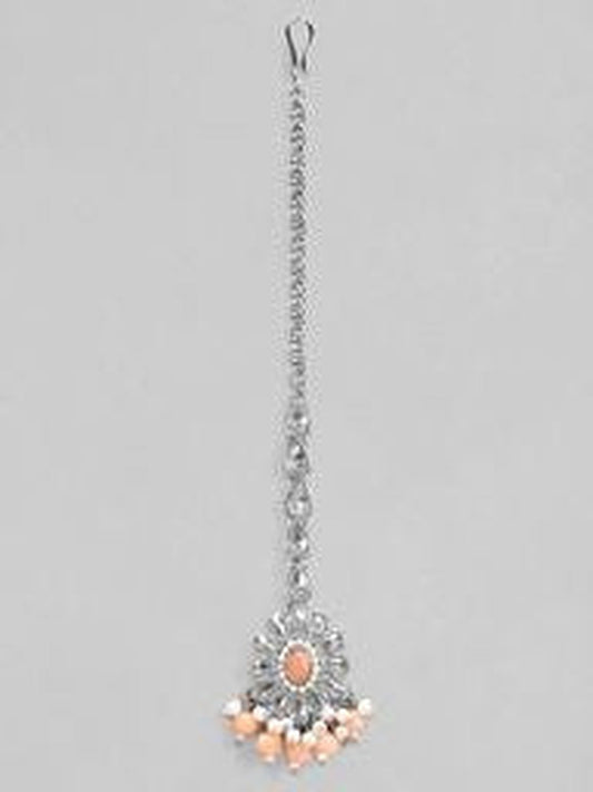 Rubans Silver Plated Handcrafted Kundan White & Peach Beads Maangtika Silver