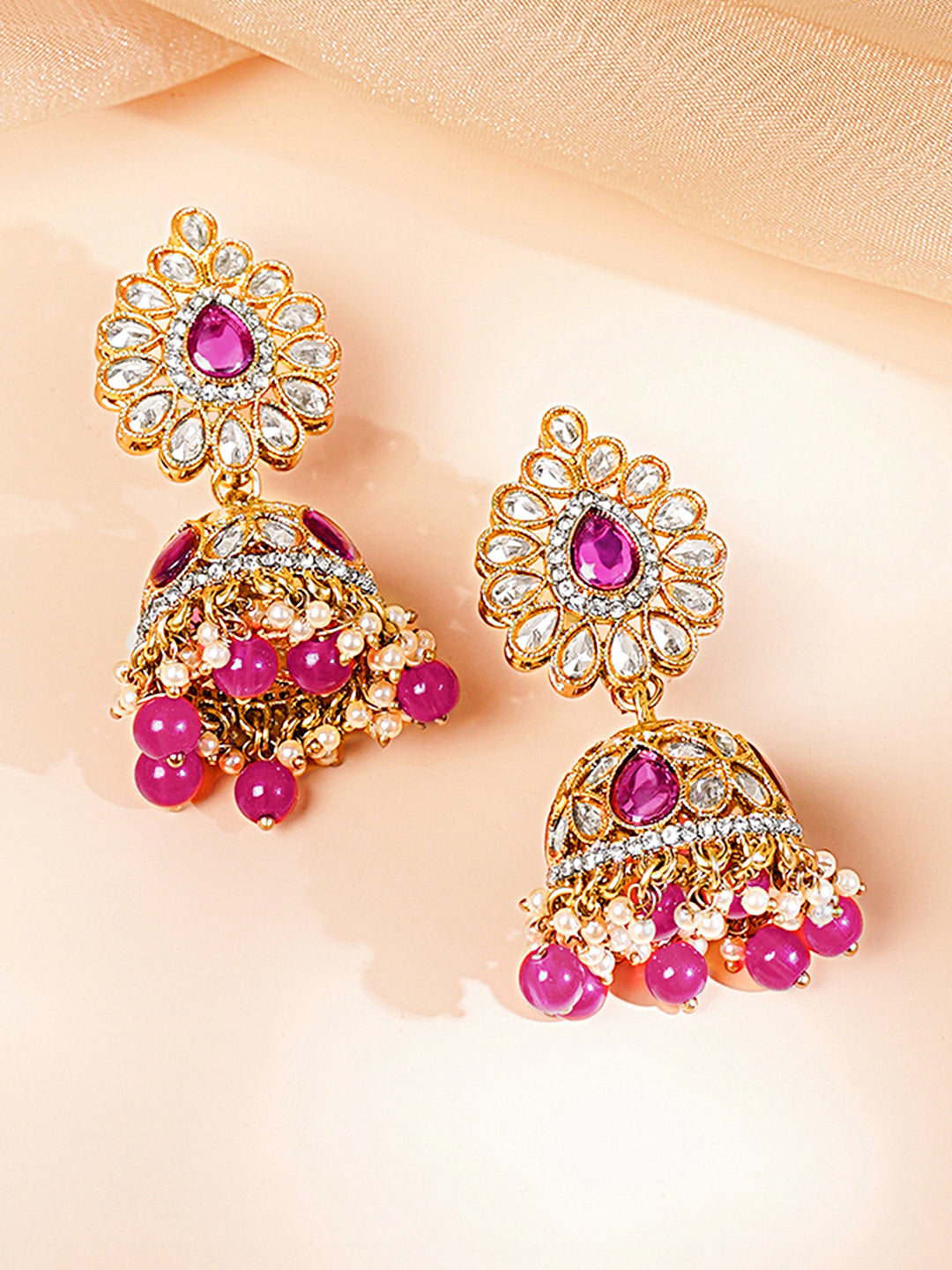 【Rubans】 Gold Plated Ruby Pink Studded Pearl Beaded Necklace Set With Maang Tikka|ゴールドメッキ ルビーピンク ストーン パールビーズ ネックレスセット(マーンティッカ付き)