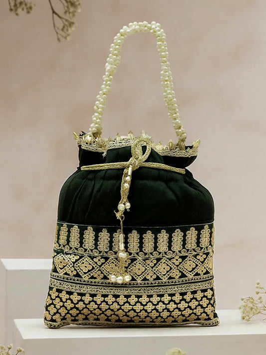 Rubans Dark Green & Gold Embroidered Potli Bag with Pearl Handle & Beaded Tassel Detailing フリーサイズ