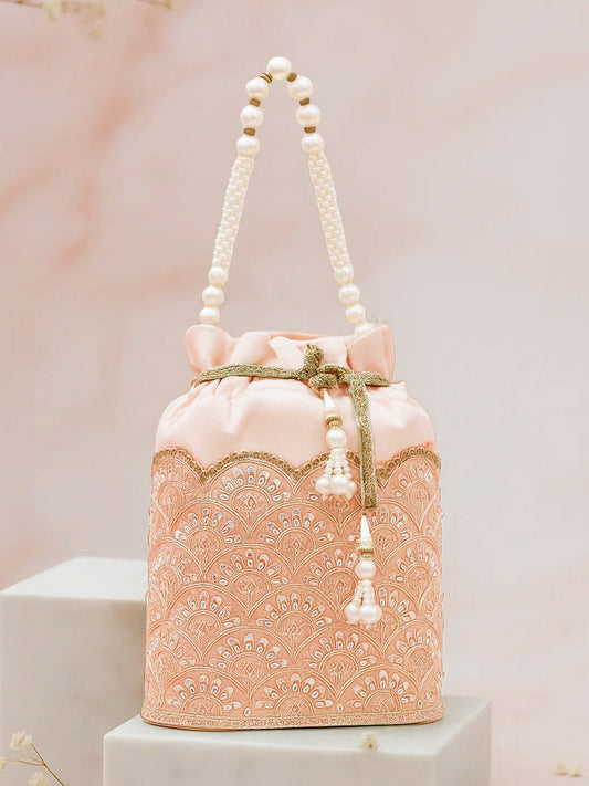 Women Peach Fabric Potli Bag with Golden Embroidery, White Stones & Pearl Tassel Handle フリーサイズ