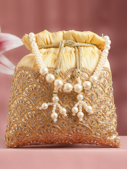 【Rubans】 Mustard Yellow Embellished Pearl Handle Potli Bag|マスタードイエロー パールハンドル ポトリバッグ