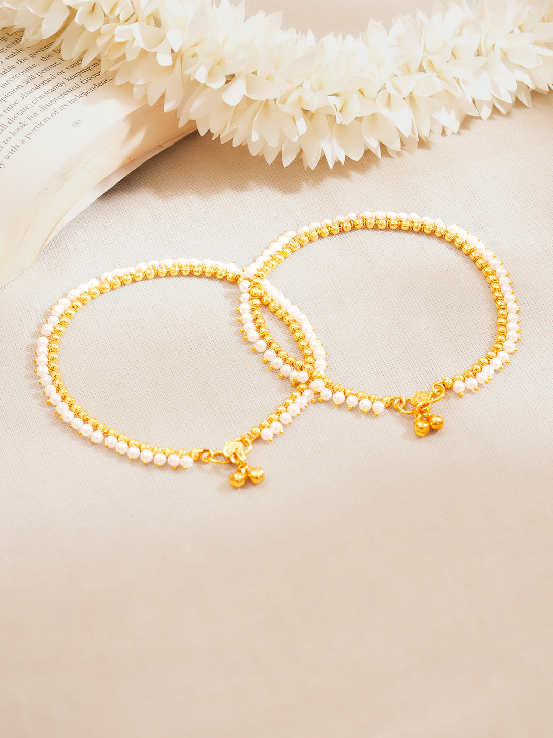 【Rubans】 Set of 2 Gold Plated Pearl Beaded Anklets|ゴールドメッキ パールビーズ アンクレット 2本セット
