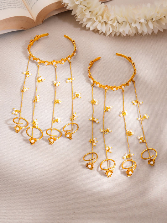 Golden Bloom Pearl Kashmiri Haathphool Bracelet Length - 15.2 cm