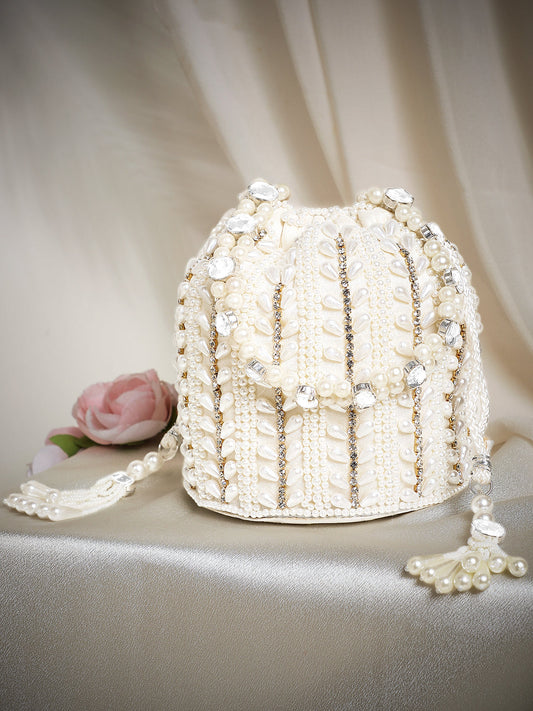 Rubans Off White Coloured Potli Bag With Golden Embroided Design And Pearls. Off White