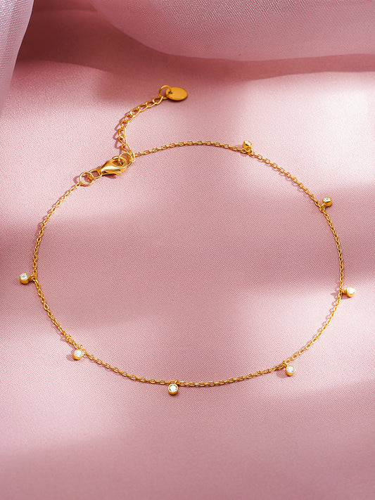 925 Fine Silver Crystal Charm Minimal Anklet Length-23 cm : Width-0.5 cm