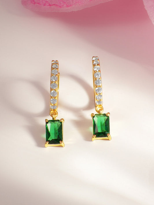 925 Fine Silver Emerald Crystal Hoop Drop Earrings Length-2 cm : Width-0.5 cm
