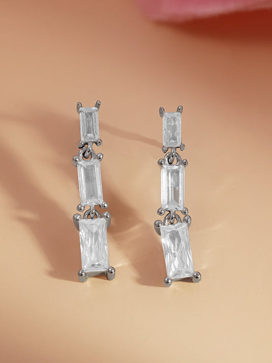 925 Fine Silver Baguette Diamond Drop Earrings Length-2 cm : Width-0.5 cm