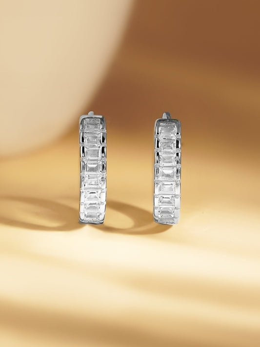 925 Fine Silver Crystal Chunky Hoop Earrings Length-1 cm : Width-0.3 cm