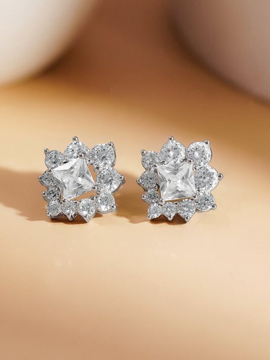 925 Fine Silver Crystal Floral Stud Earrings Length-1.5 cm : Width-1.5 cm