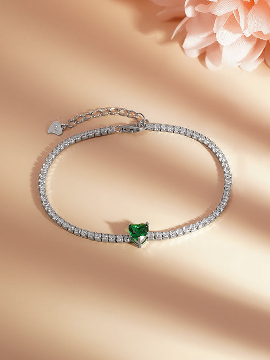 925 Fine Silver Emerald Heart Tennis Bracelet Length-17 cm : Width-0.5 cm