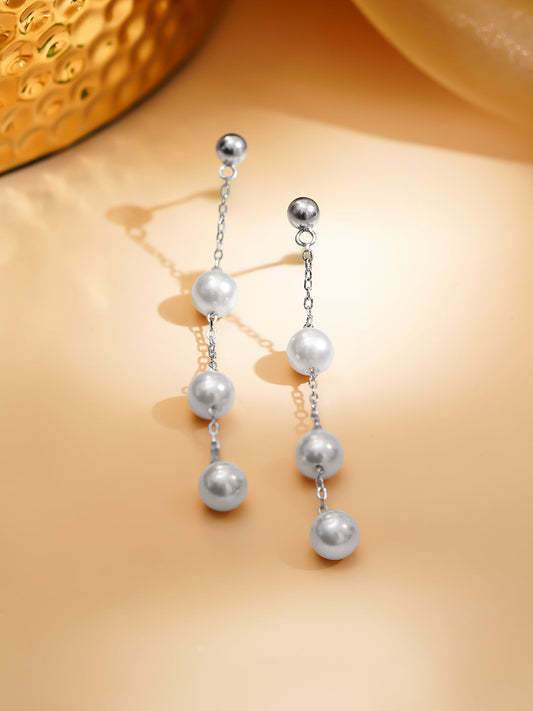 925 Fine Silver Rhodium Plated Freshwater Pearl Drop Earrings フリーサイズ