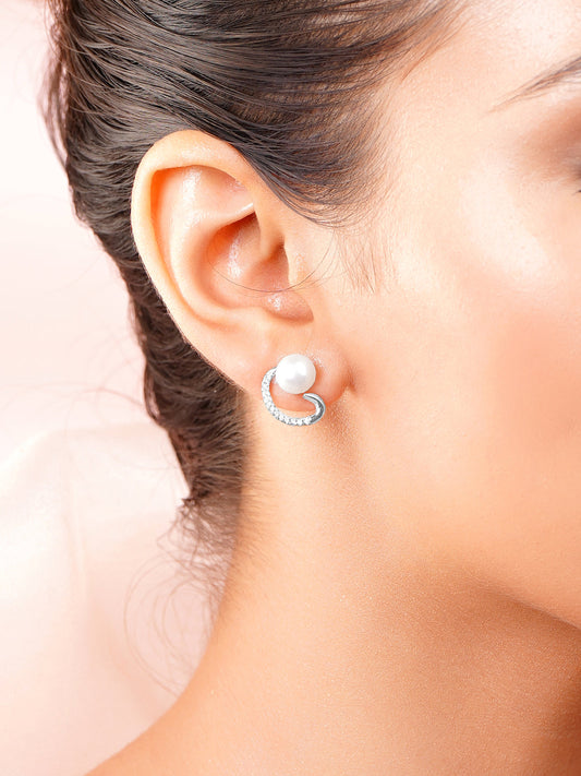 925 Fine Silver Crystal Pearl Swirl Stud Earrings フリーサイズ