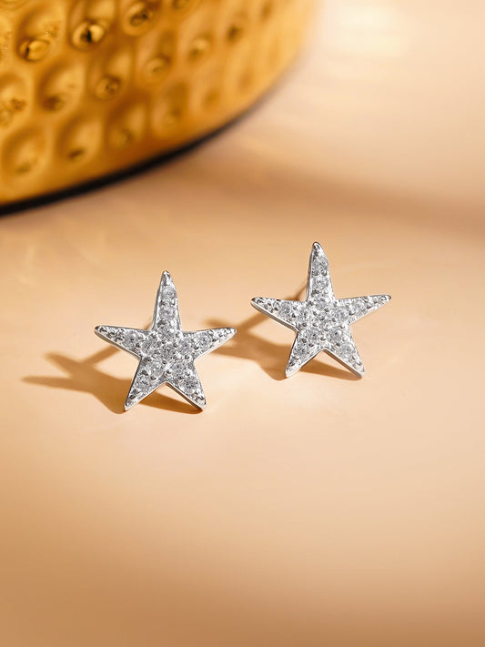 925 Fine Silver Rhodium Plated American Diamond Zirconia Star Studs フリーサイズ