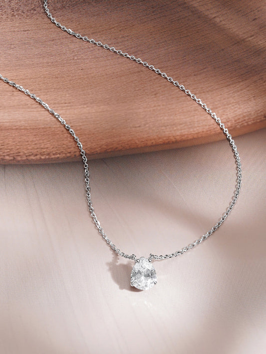 925 Fine Silver Pear Cut Solitaire Cubic Zirconia Pendant Necklace フリーサイズ