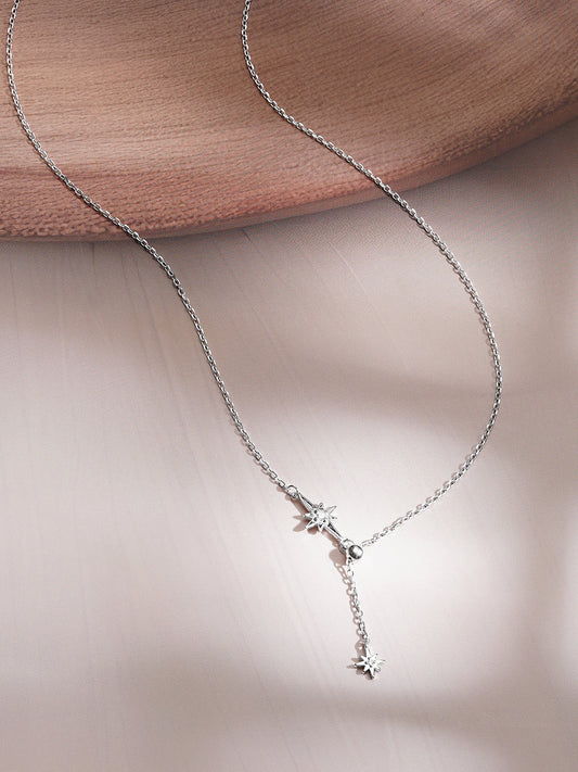 925 Fine Silver Crystal Celestial Star Drop Chain Necklace フリーサイズ