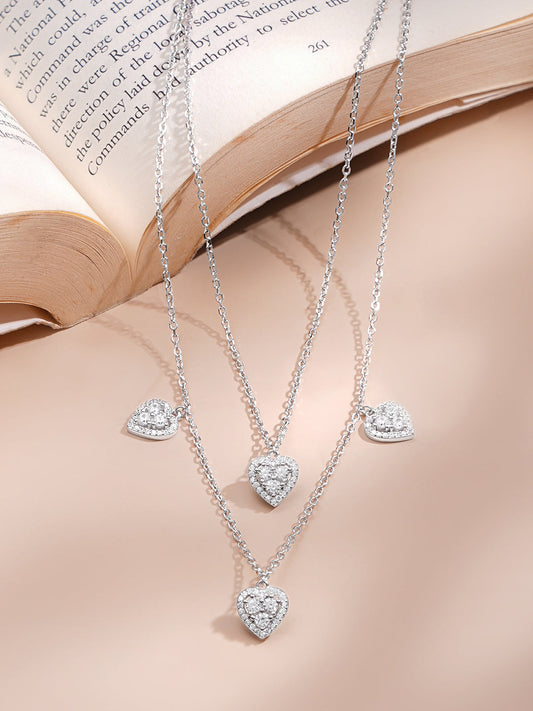 925 Fine Silver Cubic Zirconia Heart Charm Layered Necklace フリーサイズ