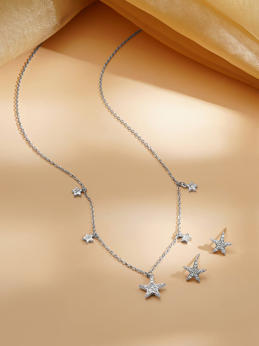 925 Fine Silver Rhodium Plated Necklace Set With Star Charms フリーサイズ