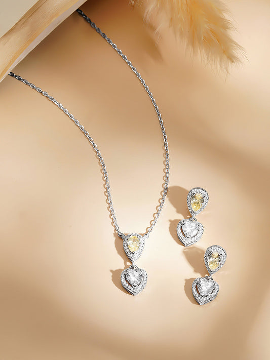 925 Fine Silver Rhodium Plated Heart Drop Yellow Citrine Necklace Set フリーサイズ