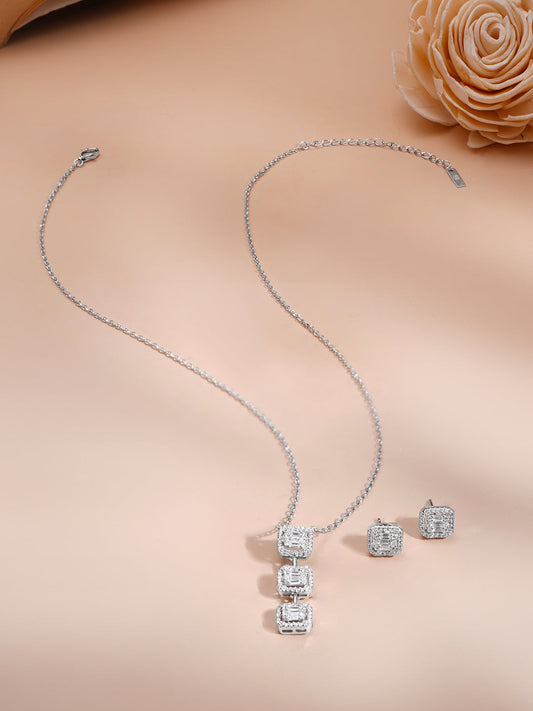925 Fine Silver Rhodium Plated Cubic Charm Necklace Set フリーサイズ