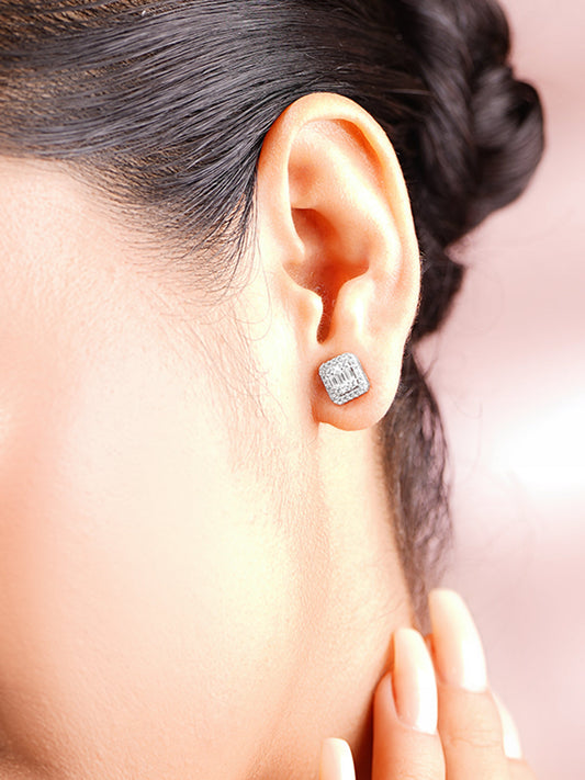 925 Fine Silver White Cubic Zirconia Cushion Halo Stud Earrings フリーサイズ