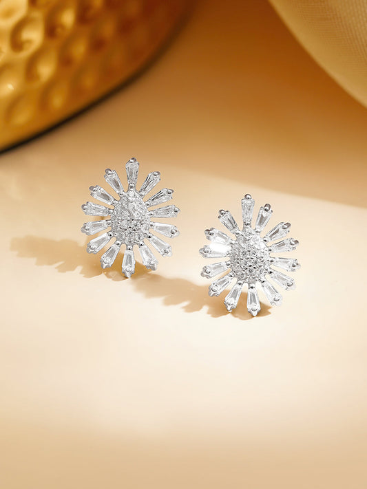925 Fine Silver Rhodium Plated FLoral Studs Earrings フリーサイズ