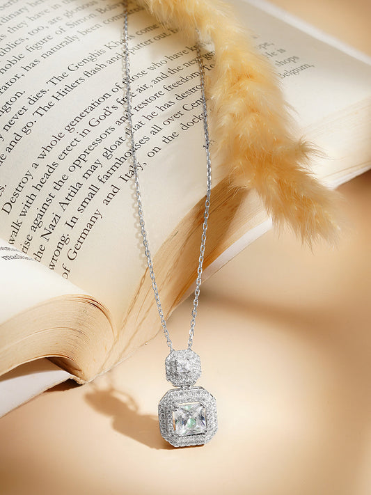 925 Fine Silver Rhodium Plated Cubic Pendant Necklace フリーサイズ