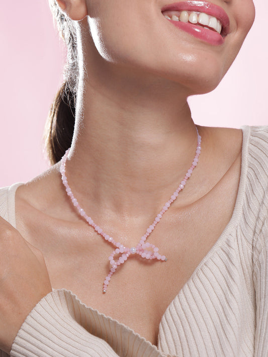 Gleaming Bow Pink American Diamond Zirconia Studded Necklace Silver